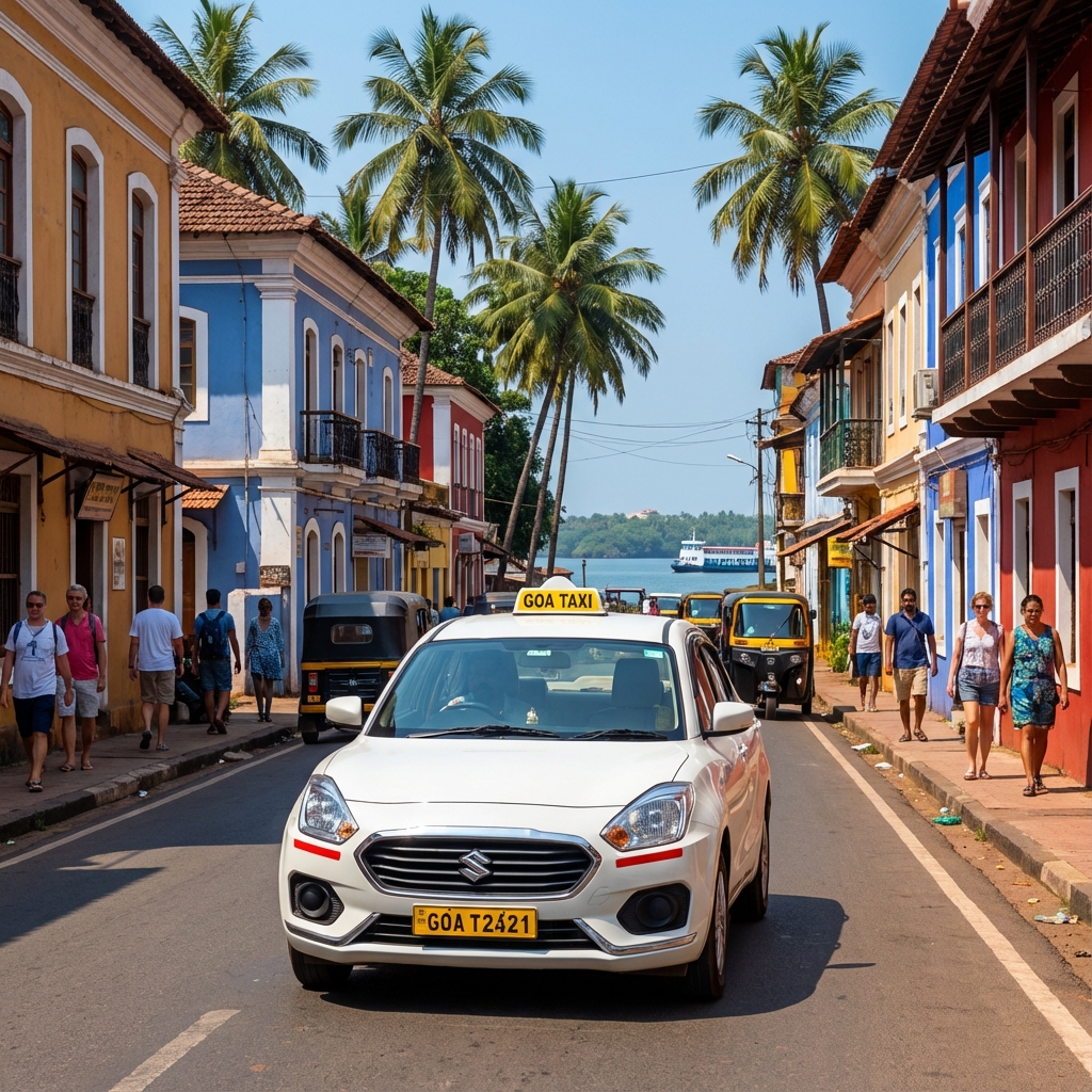 City taxi service in Goa - Local cab driving through colorful streets of Panaji with Portuguese architecture