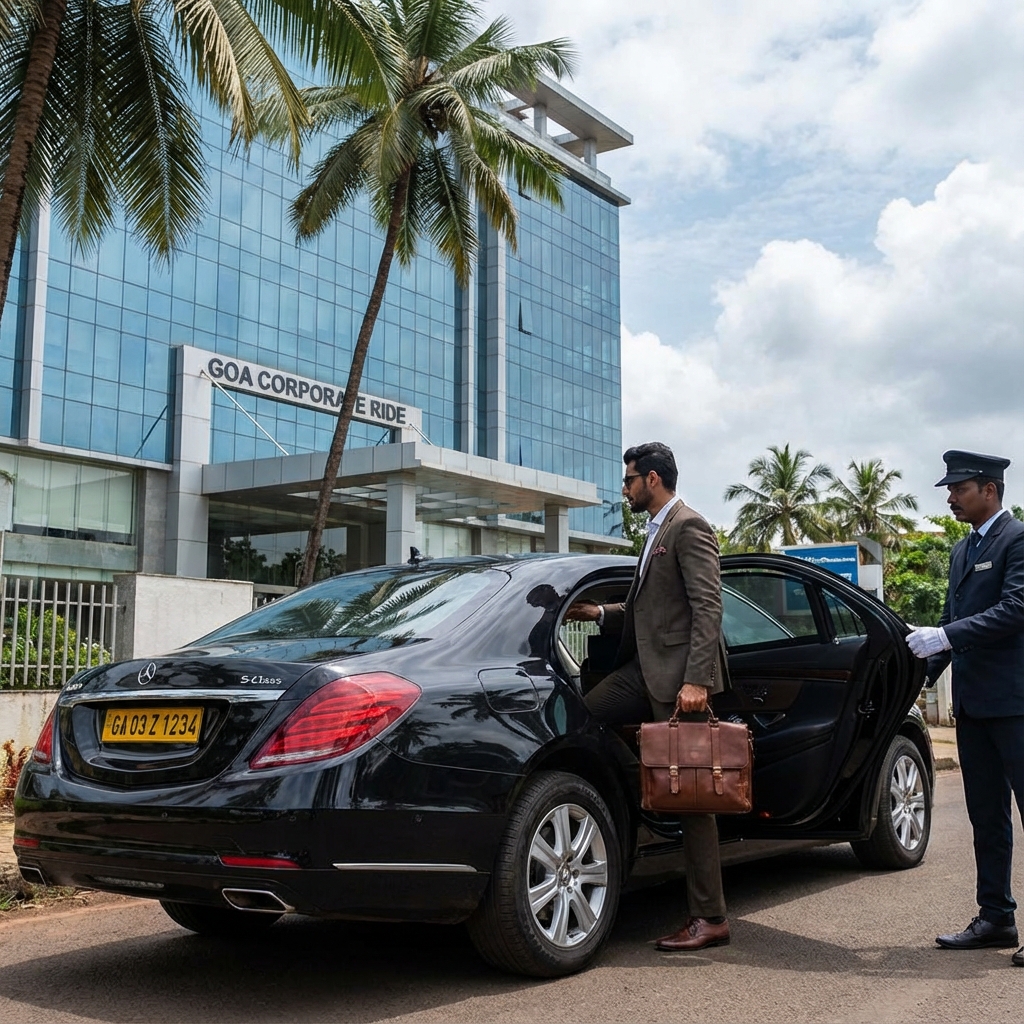 Corporate taxi service in Goa - Business executive with luxury sedan for professional chauffeur service