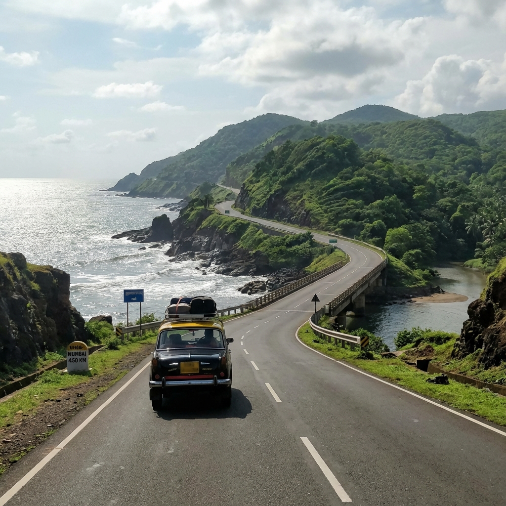 Goa to Mumbai taxi - Scenic road trip on Konkan coastal highway NH66 with ocean views