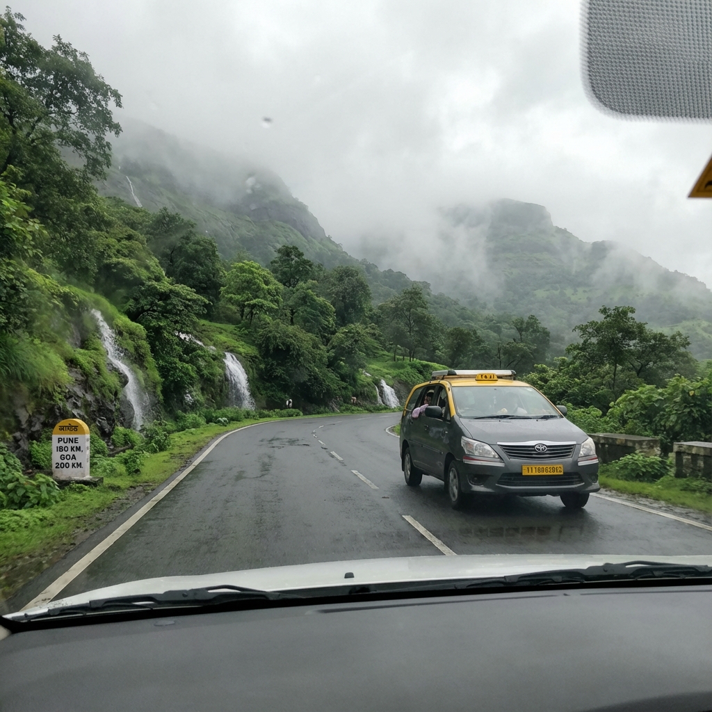 Goa to Pune taxi - SUV on scenic Western Ghats mountain road with misty hills and green valleys
