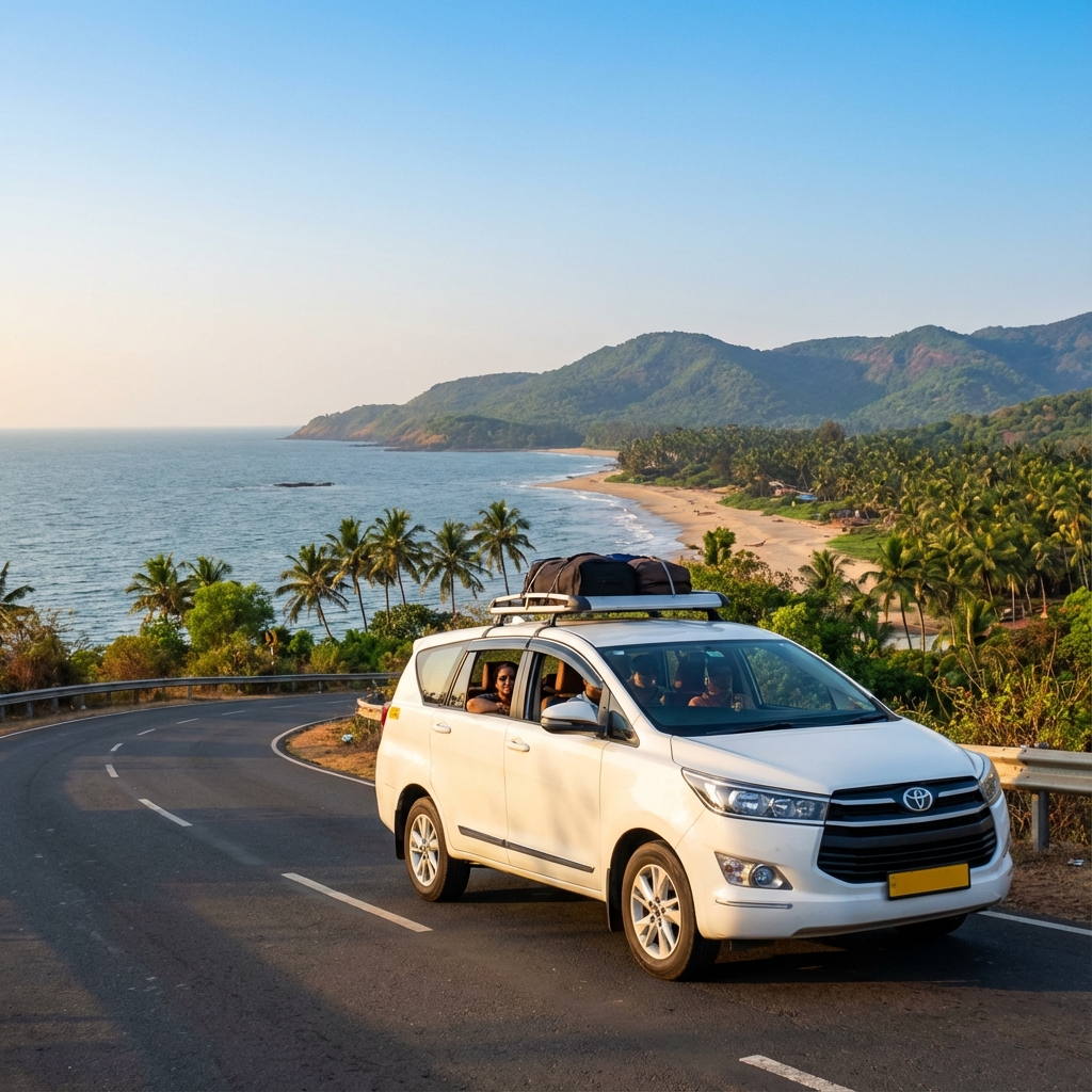 Outstation taxi from Goa - SUV on scenic Konkan coastal highway with ocean views for long distance travel