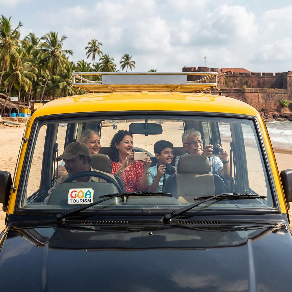 Goa sightseeing tour - Tourist family visiting iconic Goa beaches and Fort Aguada with palm trees