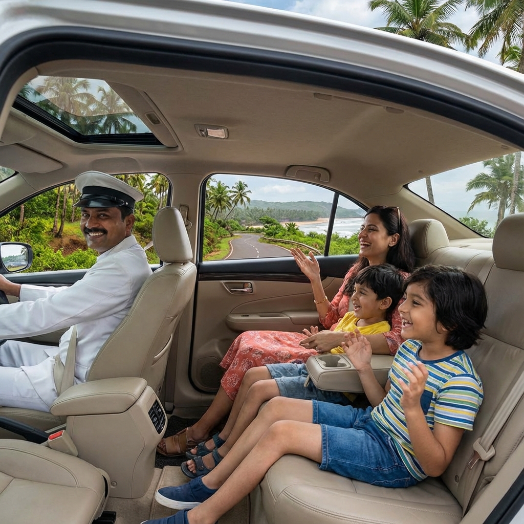 Happy tourist family enjoying taxi ride in Goa - Comfortable premium cab service for vacation travel in India