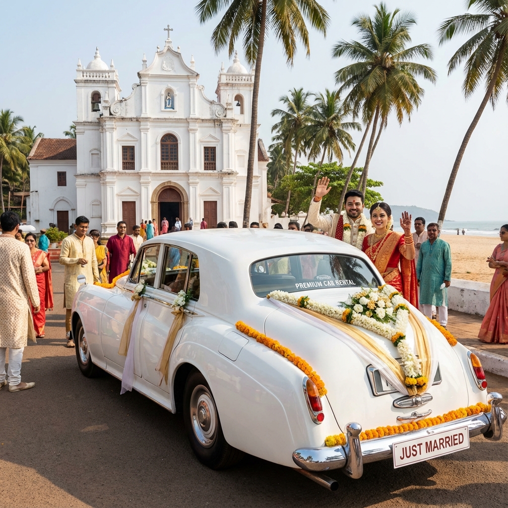 Wedding car rental in Goa - Decorated luxury white car with flowers and ribbons for Indian wedding celebration